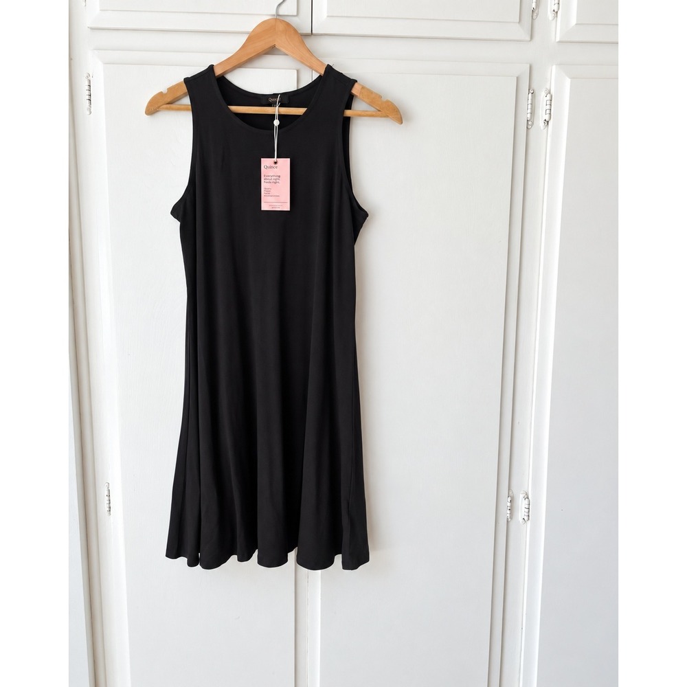 Quince Tencel Jersey Fit and Flare Mini Dress Black Sleeveless Crew Neck Medium